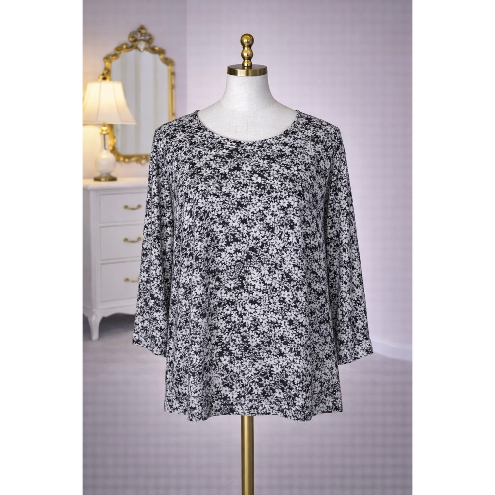 Pure J Jill Popover Top Cotton Gauze Crinkle Black White Lightweight Size M